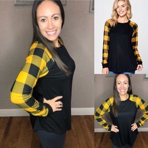 New Mustard Plaid Crew Neck Long Sleeve Top